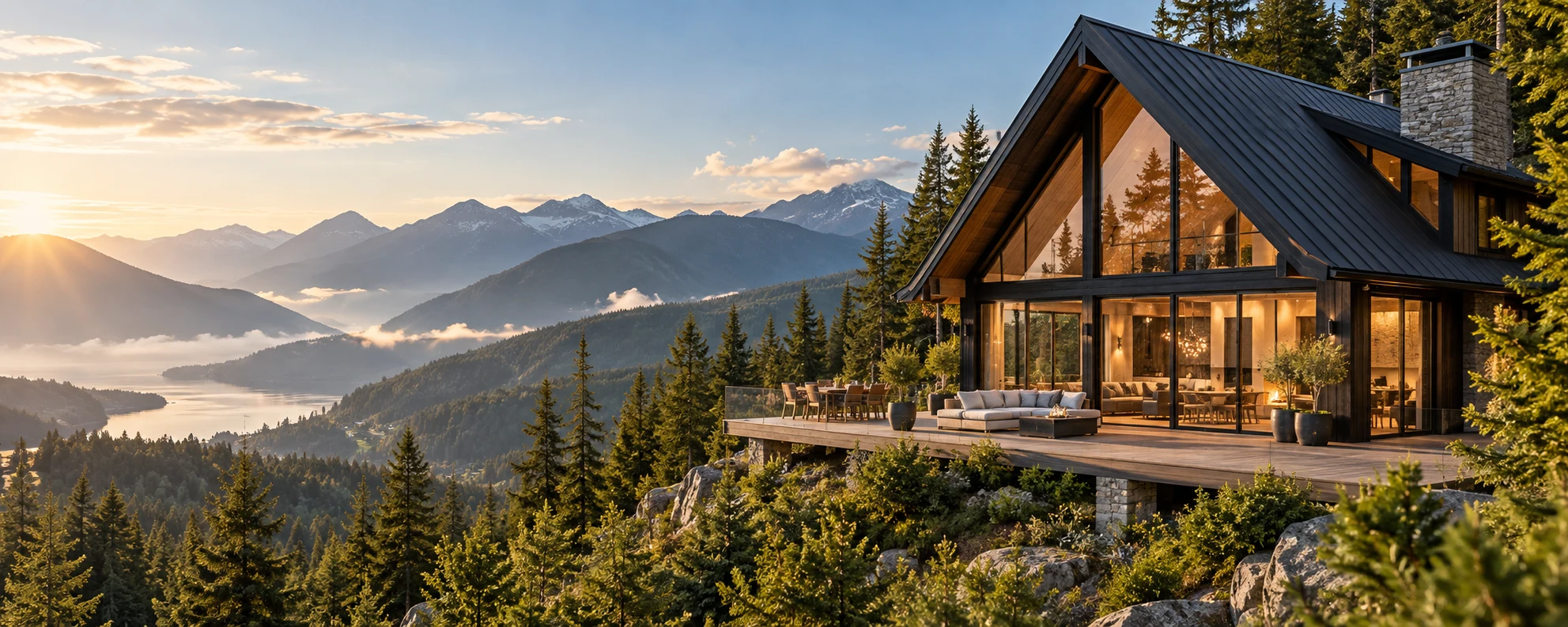 Concepto de chalet contemporáneo de madera entre bosques y montañas